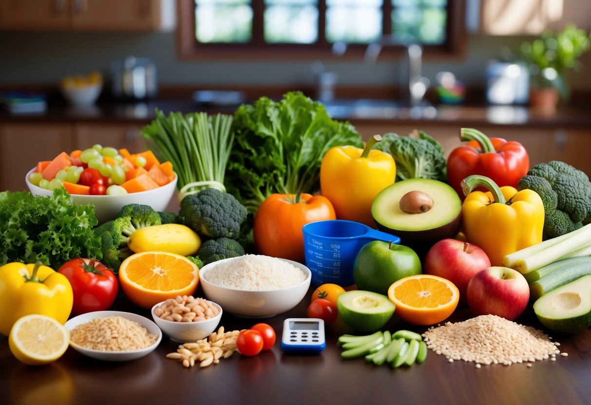 Tavola piena di frutta e verdura fresca, cereali e alimenti sani per una dieta bilanciata, ideale per perdere peso.