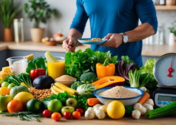 Uomo che prepara un pasto salutare con verdure fresche, cereali, e una bilancia da cucina, evidenziando l'importanza di macro e micronutrienti per una dieta equilibrata.