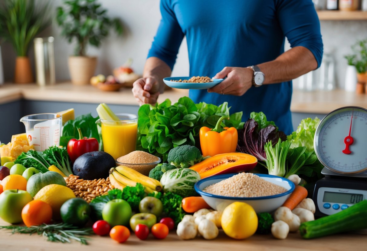 Uomo che prepara un pasto salutare con verdure fresche, cereali, e una bilancia da cucina, evidenziando l'importanza di macro e micronutrienti per una dieta equilibrata.
